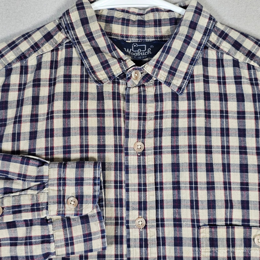 Woolrich Plaid Button Down Shirt Mens Large Navy Blue Cream Long Sleeve Pocket